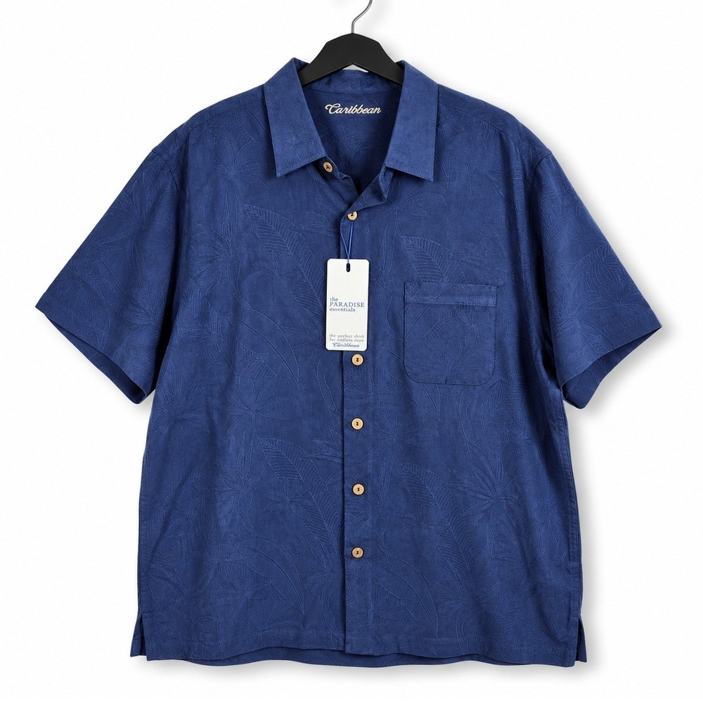 Caribbean Button Up Shirt Mens XL Navy Blue Paradise Essentials Tropical Casual